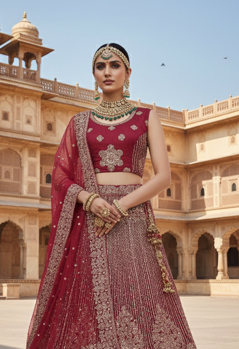 Wine Net Embroidery Lehenga Choli