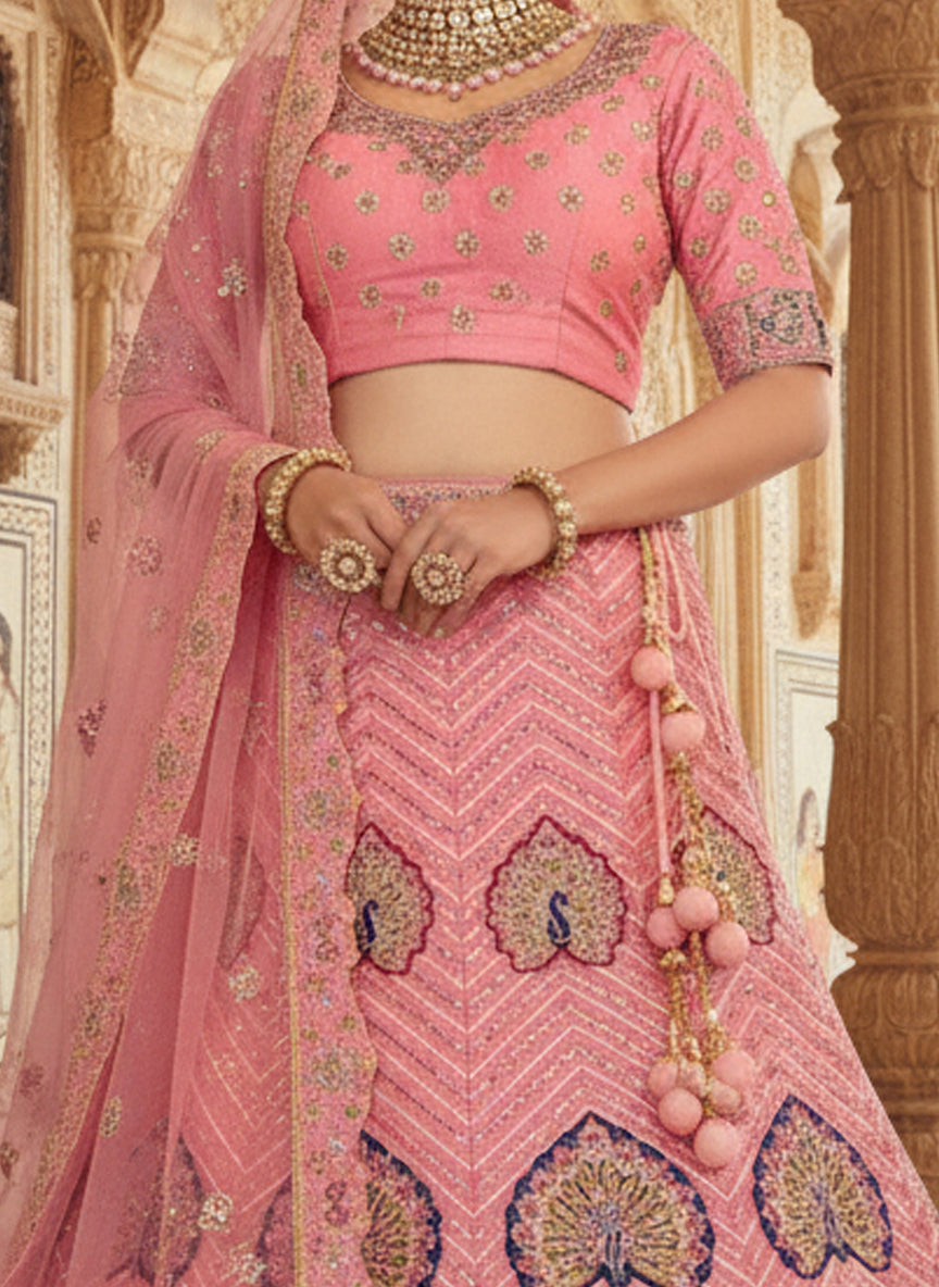 Pink Organza Silk Embroidery Lehenga Choli