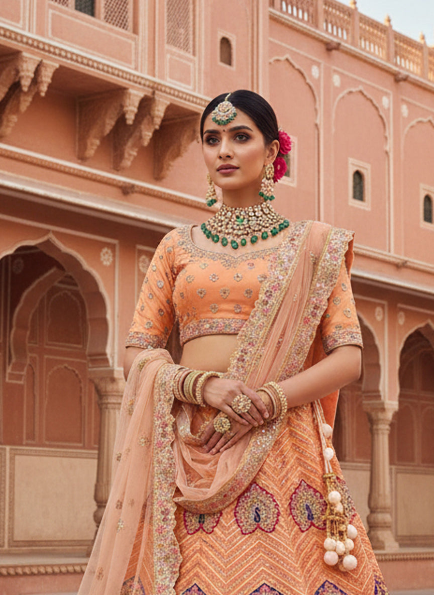 Peach Organza Silk Embroidery Lehenga Choli