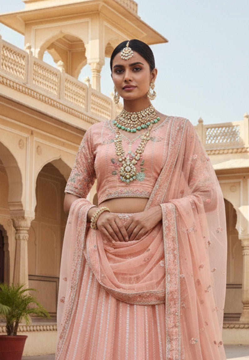 Orange Crepe Silk Thread Work Lehenga Choli