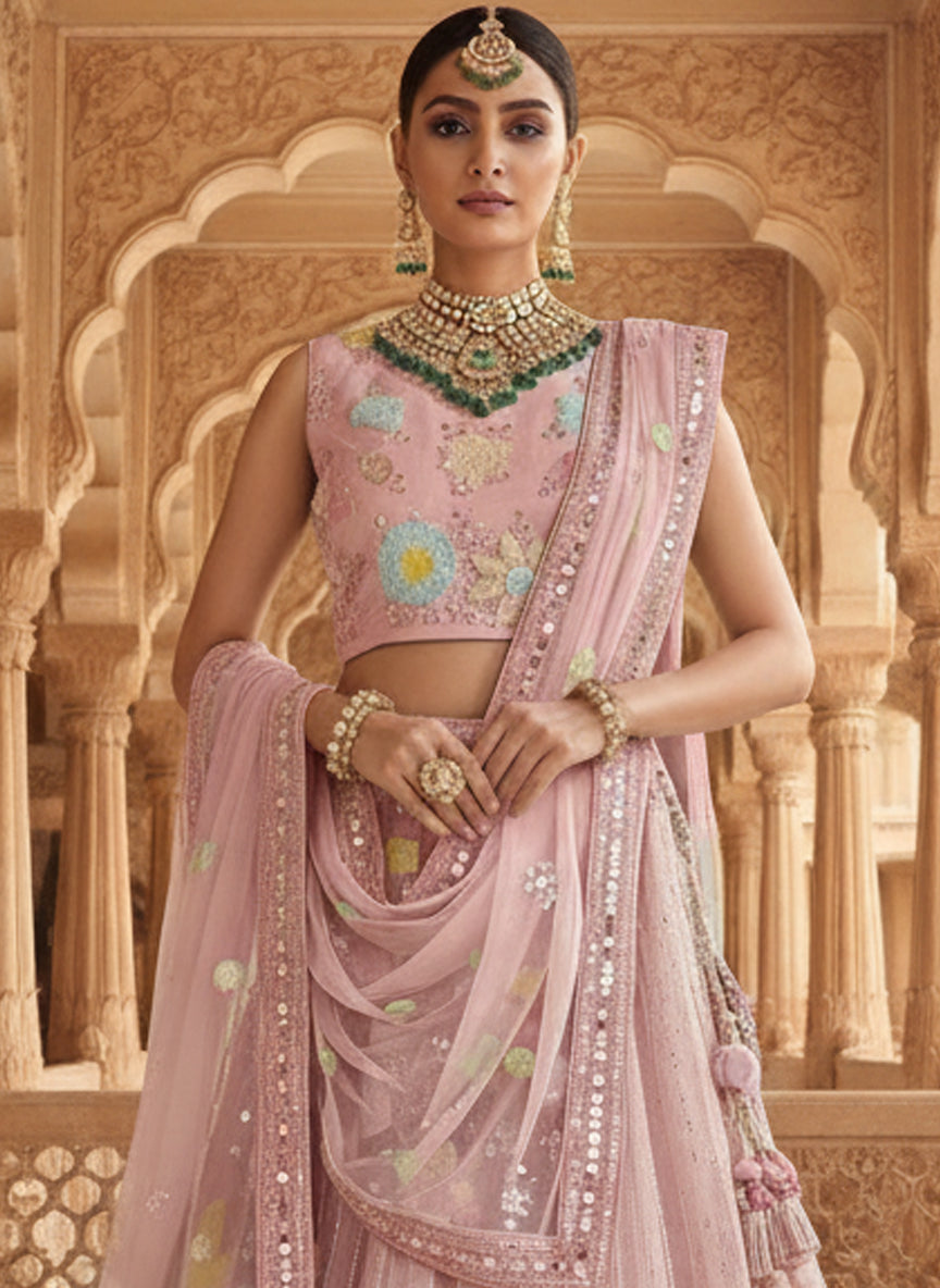 Pyaji Crepe Silk Thread Lehenga Choli