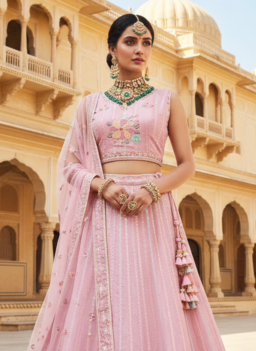 Pink Crepe Silk Thread  Lehenga Choli