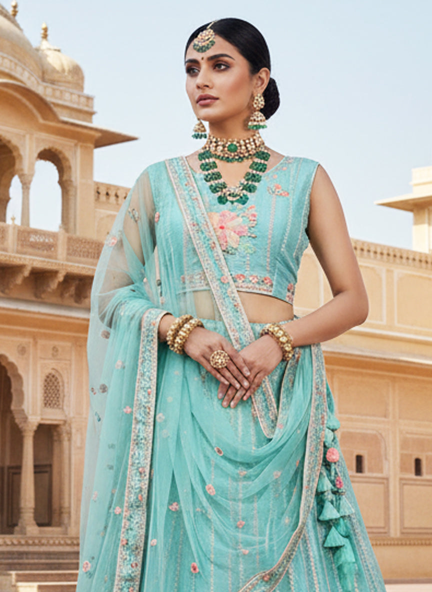 Blue Crepe Silk Thread Lehenga Choli