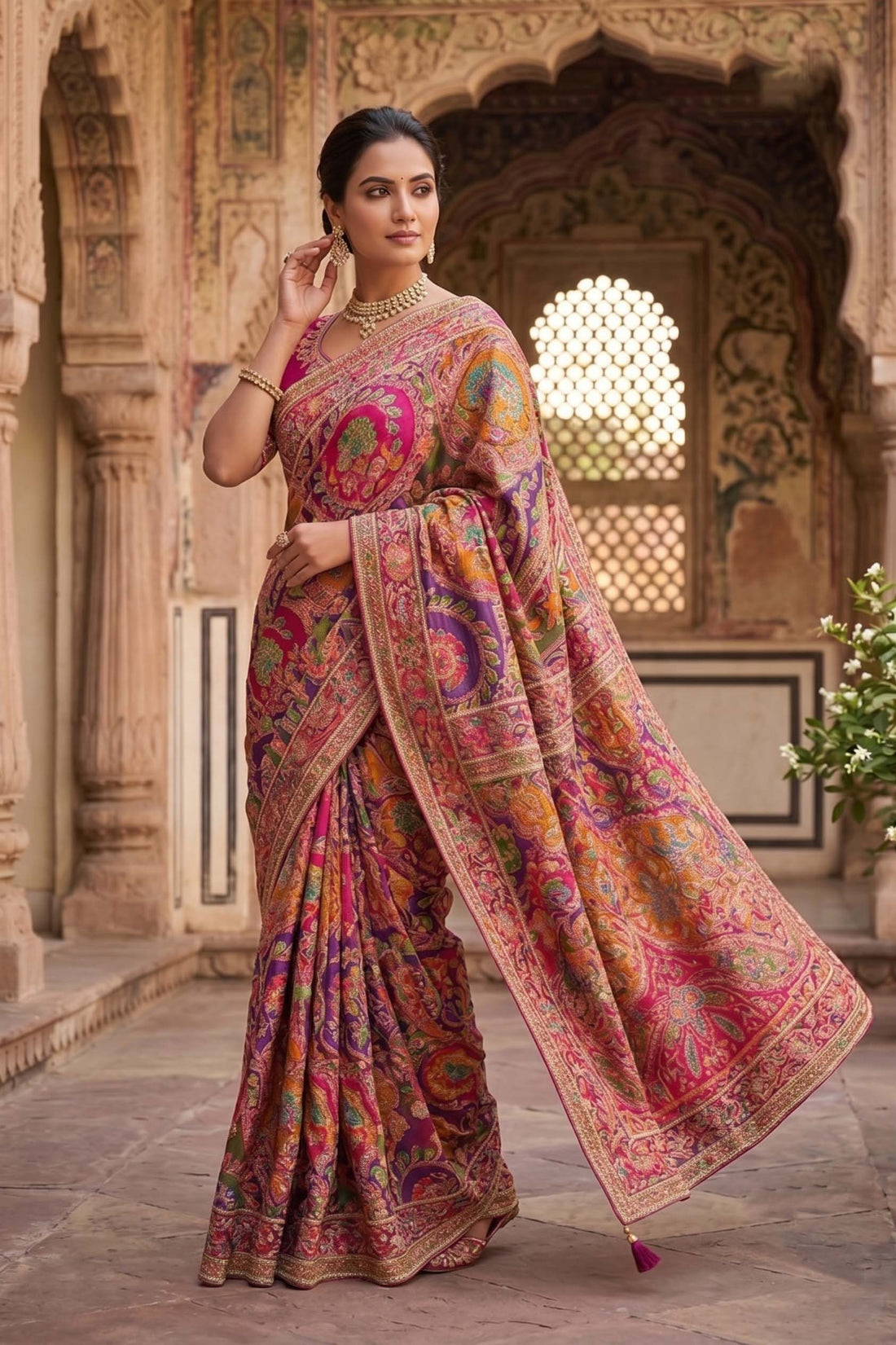 Rani Natural Crepe Aari Hand work Designer Saree