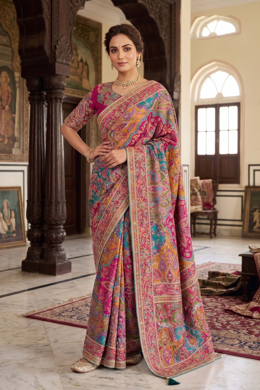 Magenta Natural Crepe Aari Handwork Designer Saree