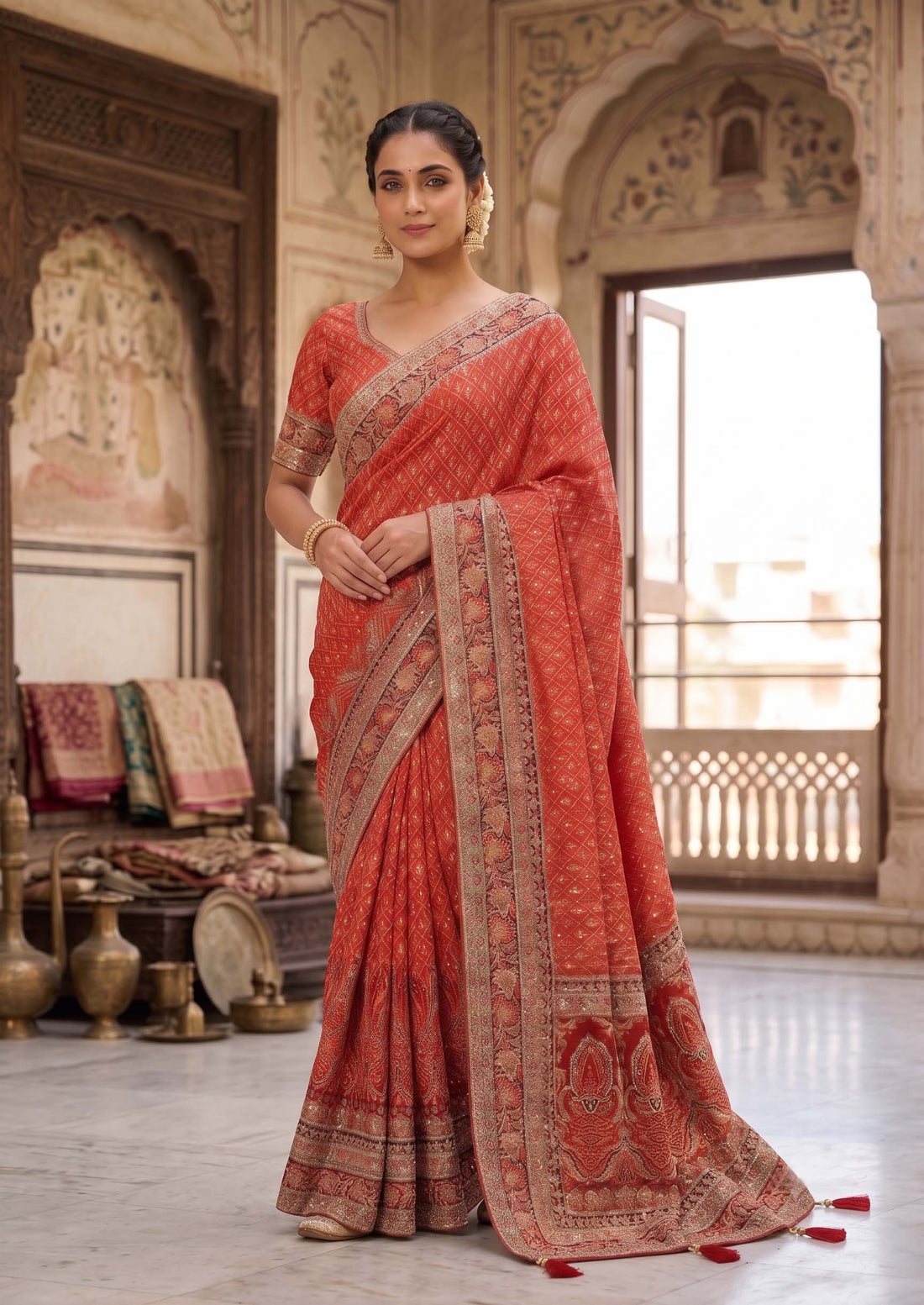 Rust Pure Model Satin Aari Hand work Designer Saree