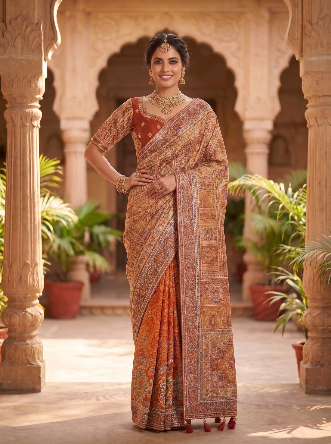 Mustard Natural Crepe Aari Handwork Designer Saree
