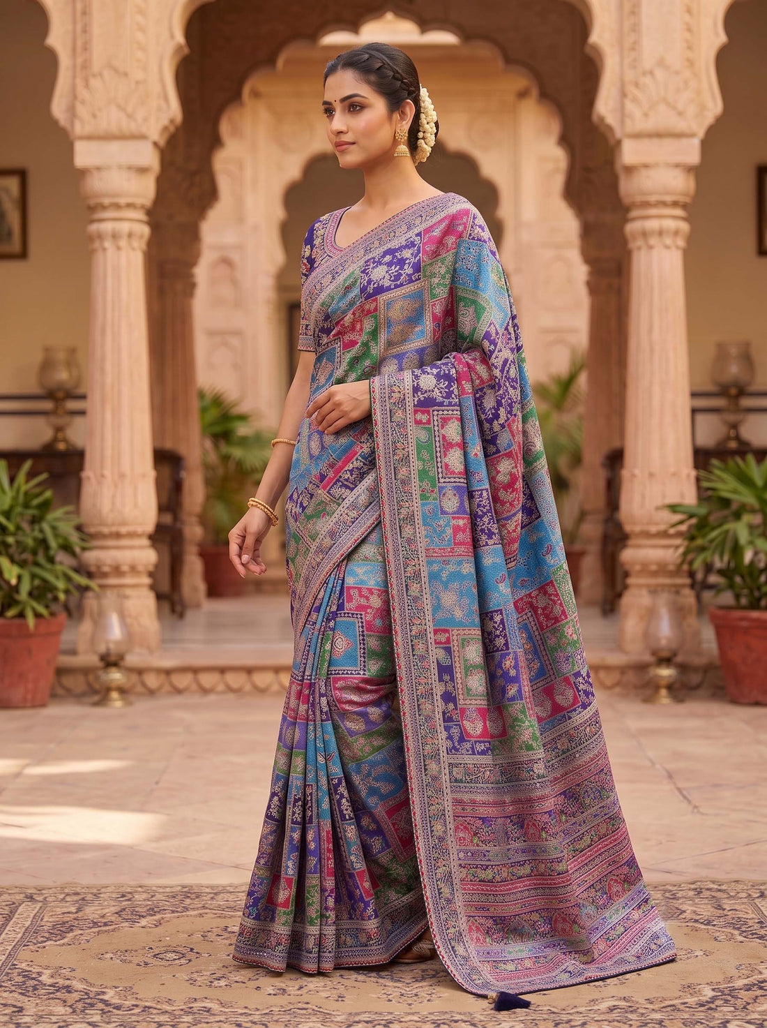 Blue Natural Crepe Aari Hand work Designer Saree