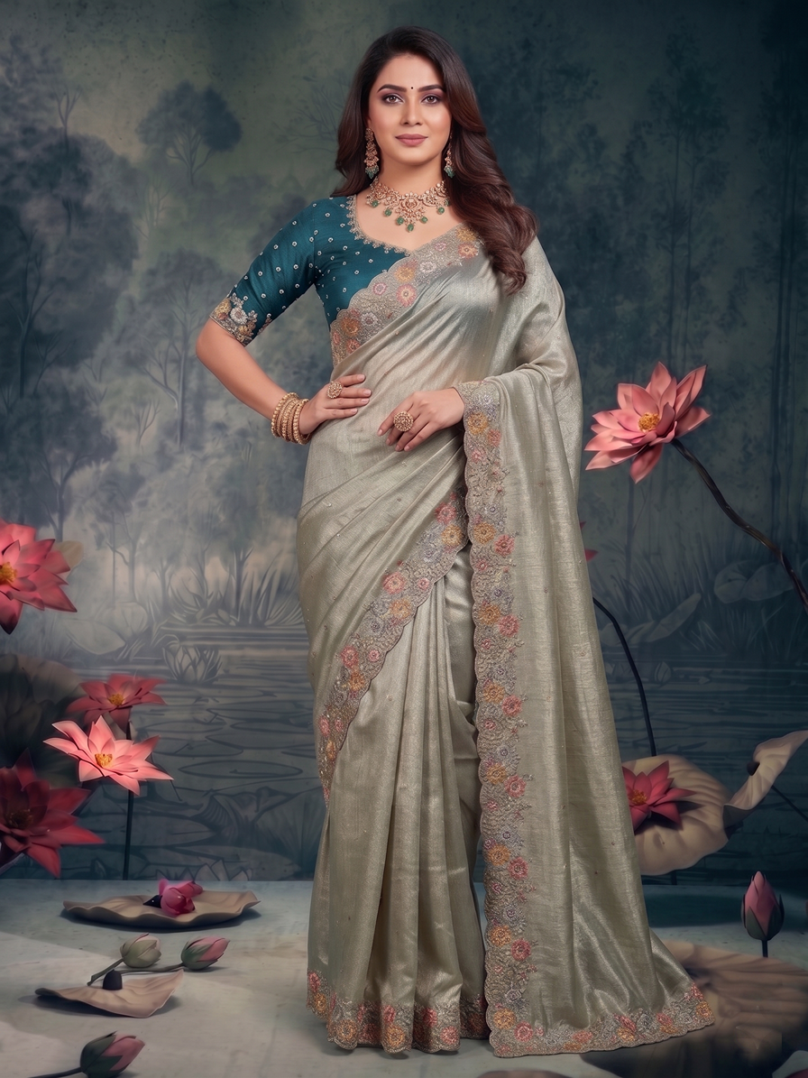 Rust Zari Tissue Silk Sequins Embroidery Designer Saree