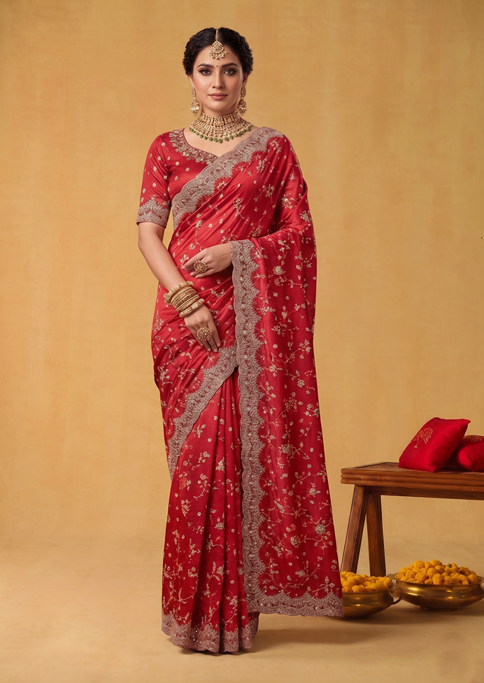 Red Two Tone Satin Silk Patti Embellishment Designer Saree