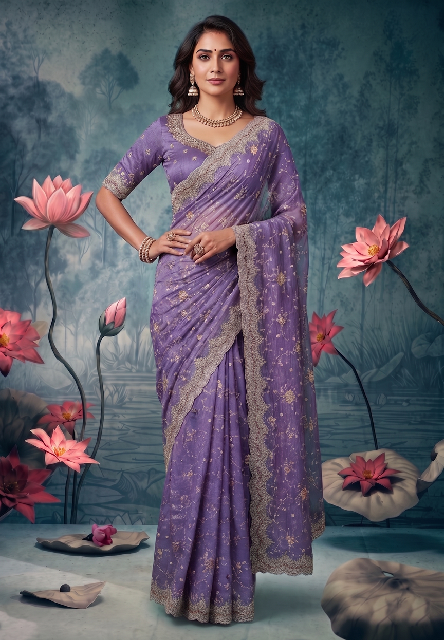 Voilet Two Tone Satin Silk Sequins Embroidery Designer Saree