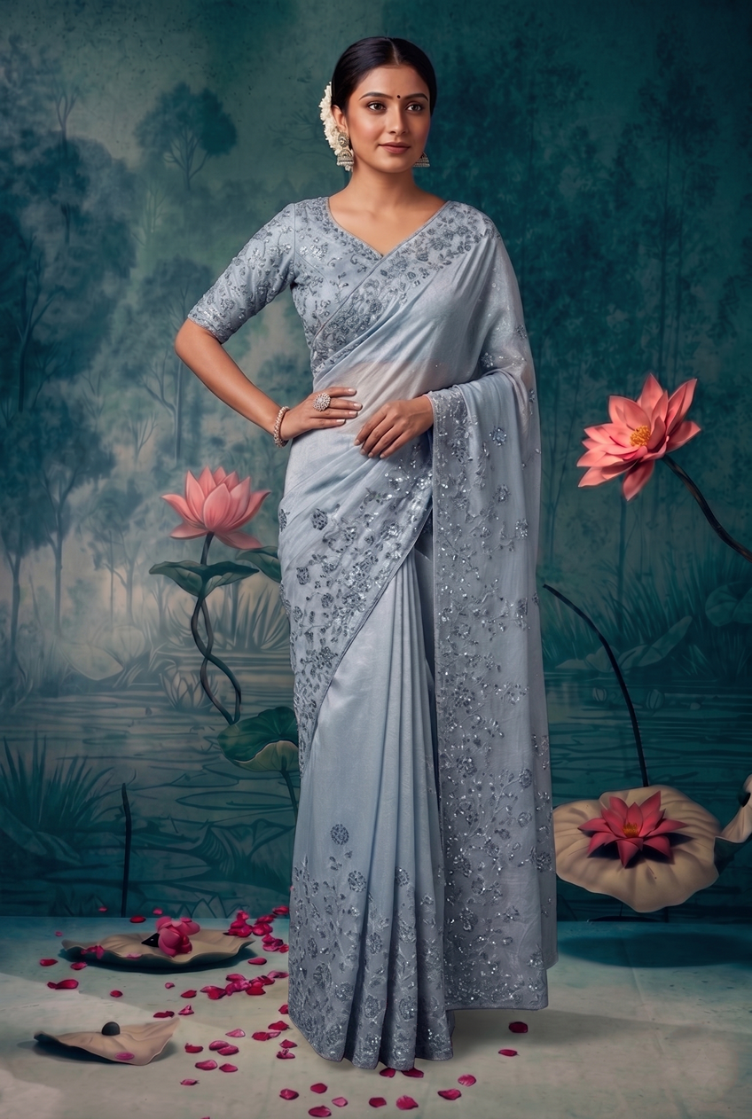 Sea Green Organza Tissue Silk Handwork Designer Saree