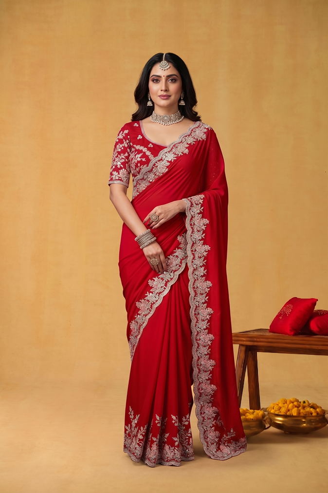 Red Soft Satin Silk Stone Embellishment Designer Saree