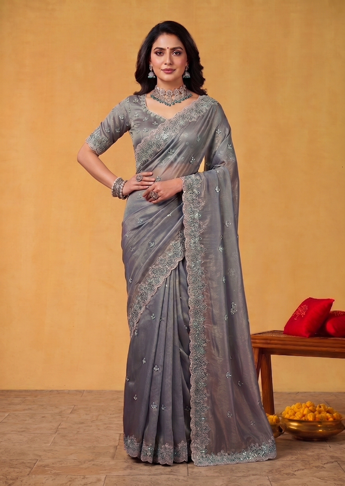 Green Two Tone Satin Silk Sequins Embroidery Designer Saree