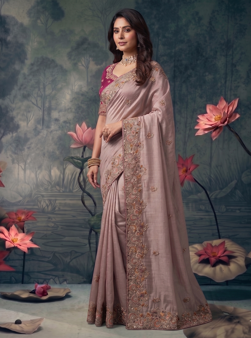 Pyaji Zari Tissue Silk Sequins Embroidery Designer Saree