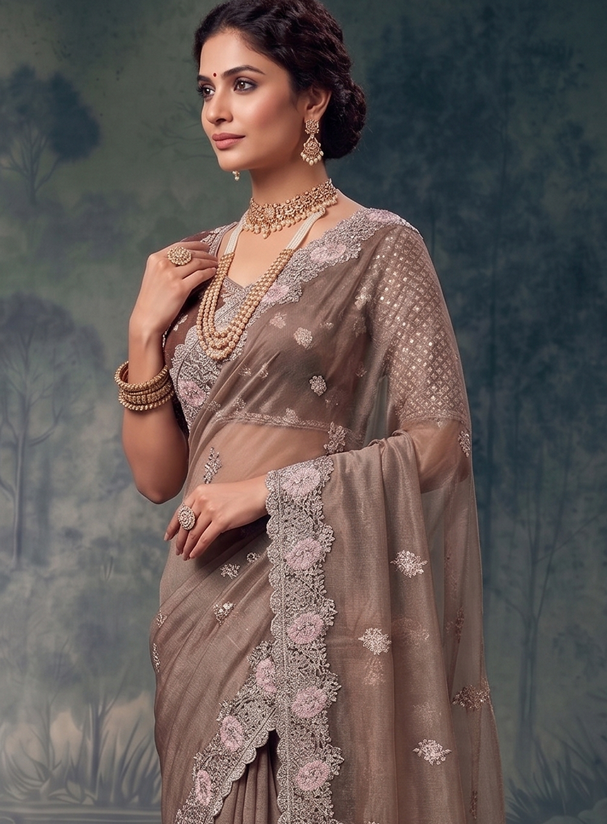 Brown Organza Tissue Silk Stone Handwork Designer Saree