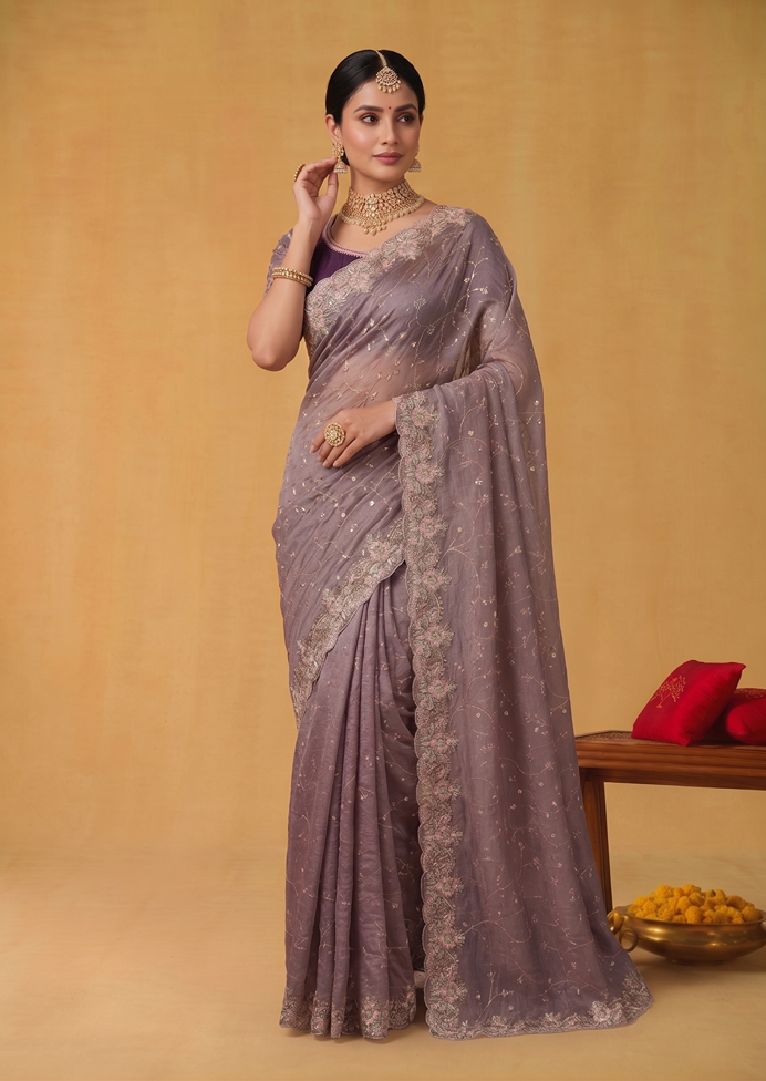 Purple Zari Tissue Silk Aari Embroidery Designer Saree