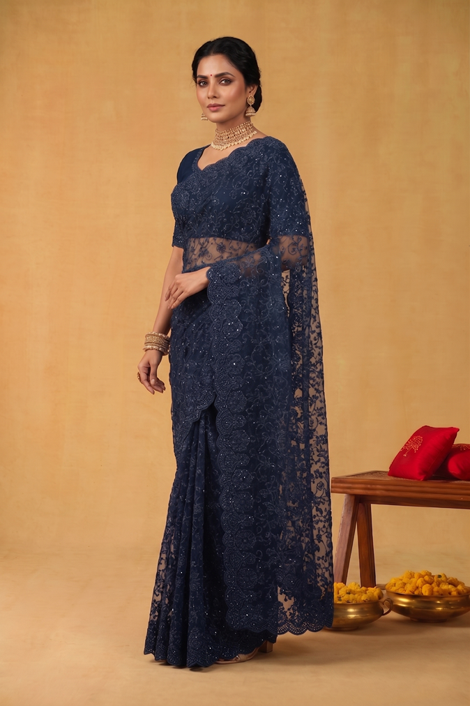 Teal Blue Soft Georgette Swarovski Embellishment Designer Saree