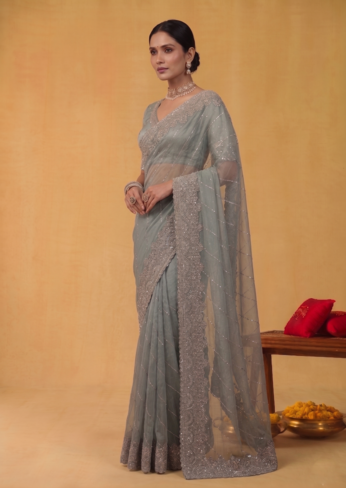 Firoji Zari Tissue Silk Sequins Aari Embroidery Designer Saree