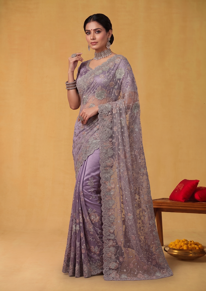 Lovender Tissue Silk Sequins Jaal Embroidery Designer Saree