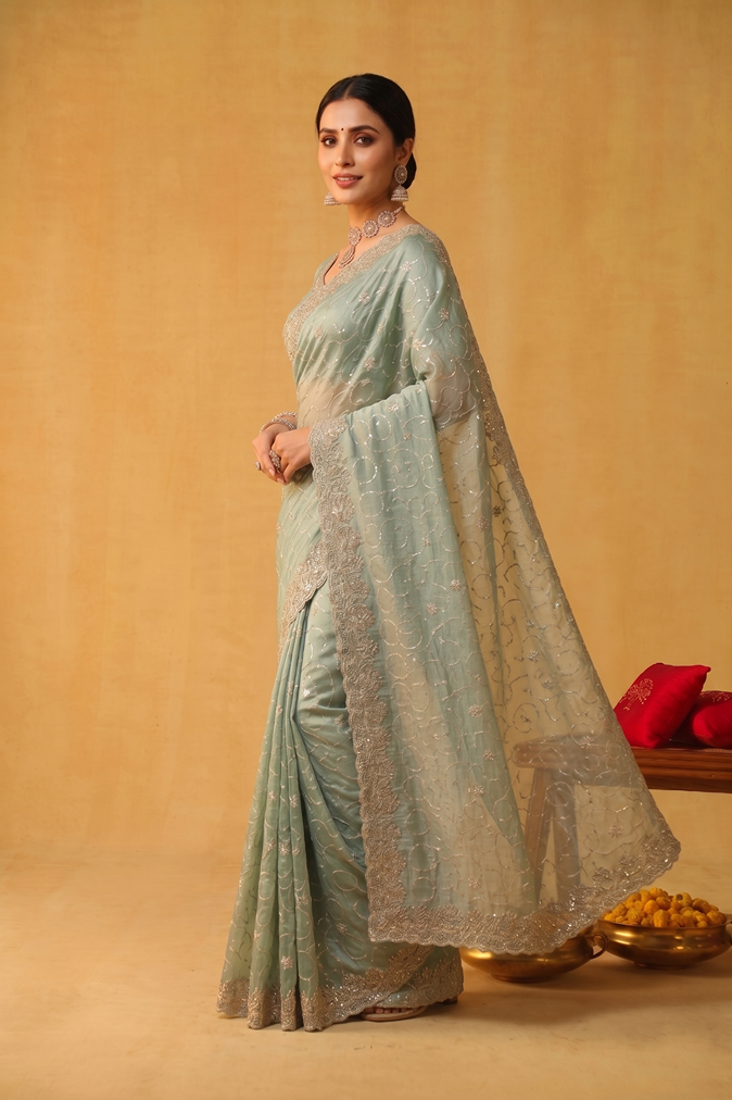 Sea Green Tissue Silk Patti Embellishment Designer Saree