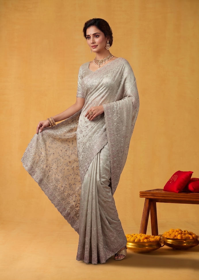 Pista Crush Organza Silk Swarovski Embellishment Designer Saree