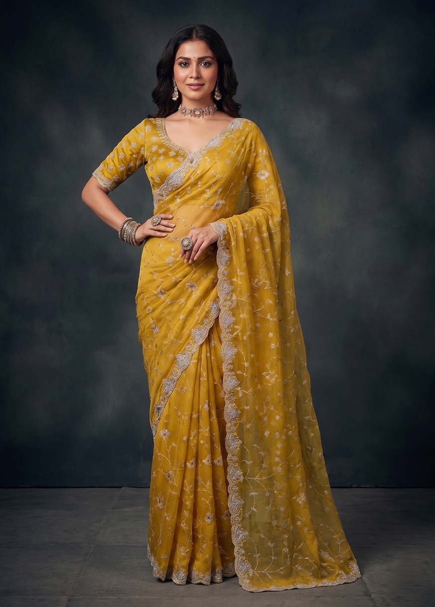Mustard Pure Satin Embroidery Designer Saree