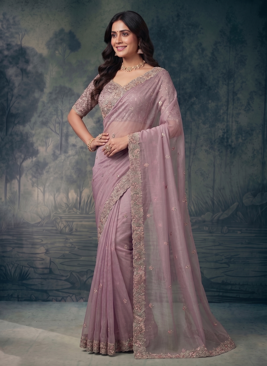 Pyaji Organza Tissue Silk Stone Handwork Designer Saree