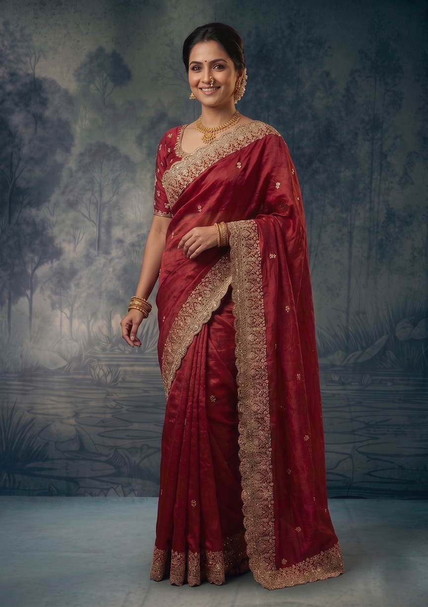 Rani Paper Satin Silk Scallop Zardozi Embroidery Designer Saree