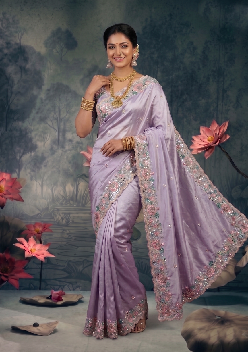Purple Tissue Silk Sequins Embroidery Designer Saree