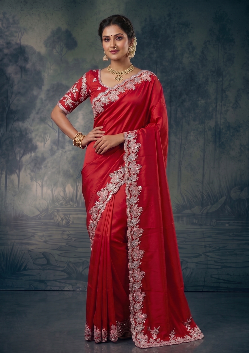 Red Soft Satin Silk Sequins Embroidery Designer Saree