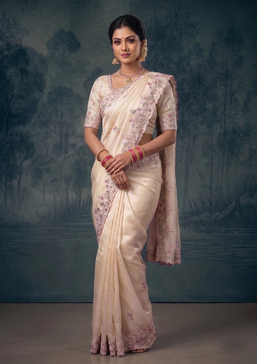 Cream Zari Tissue Silk Zardosi Handwork Designer Saree
