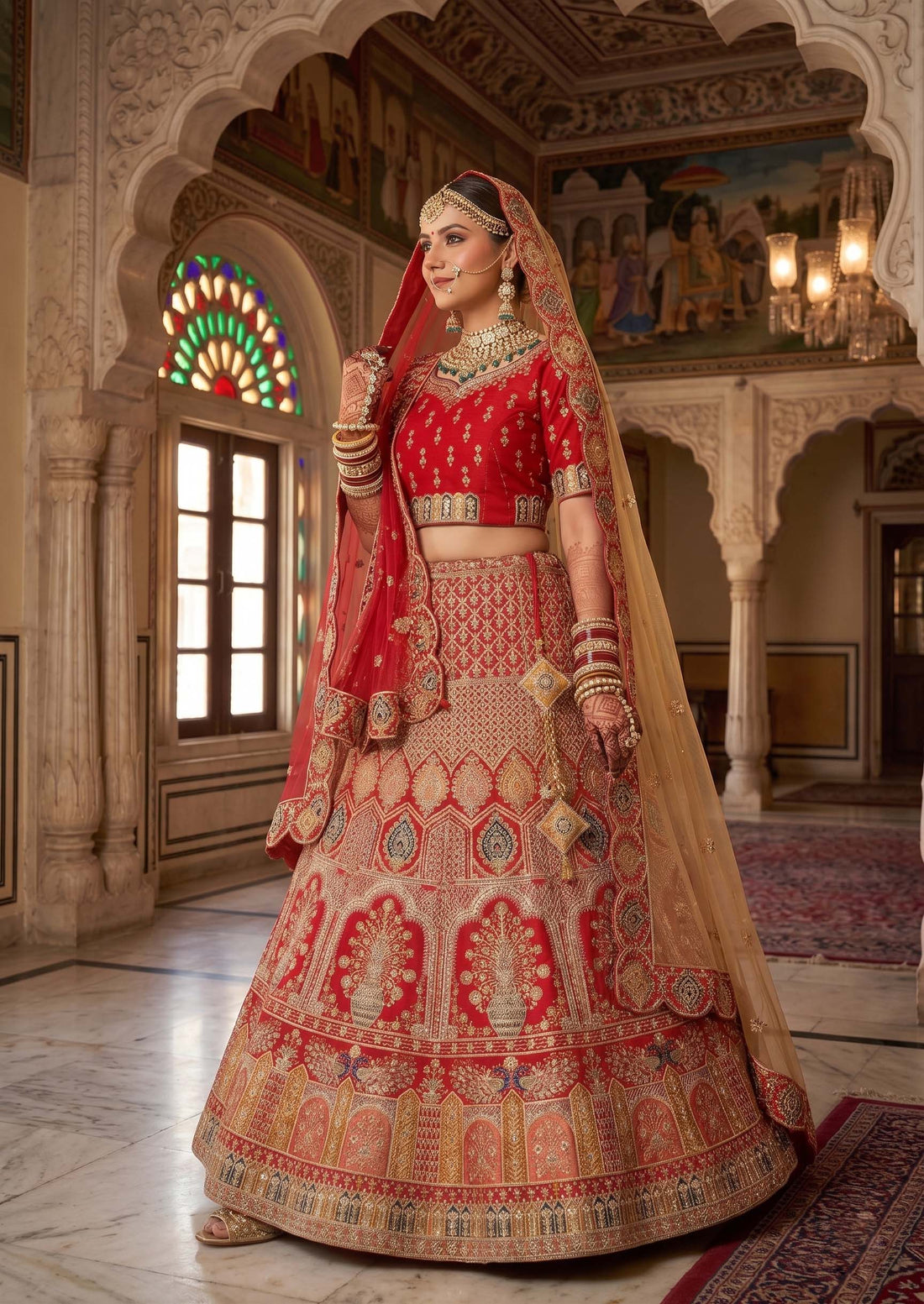 Red Velvet Embroidery Lehenga Choli with Dupatta