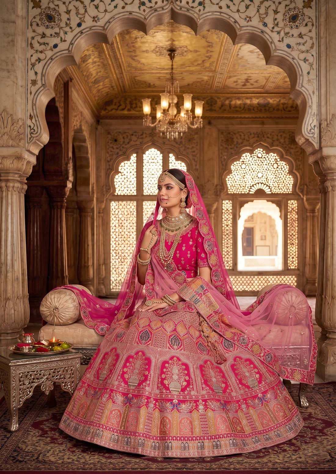 Pink Velvet Embroidery Lehenga Choli with Dupatta