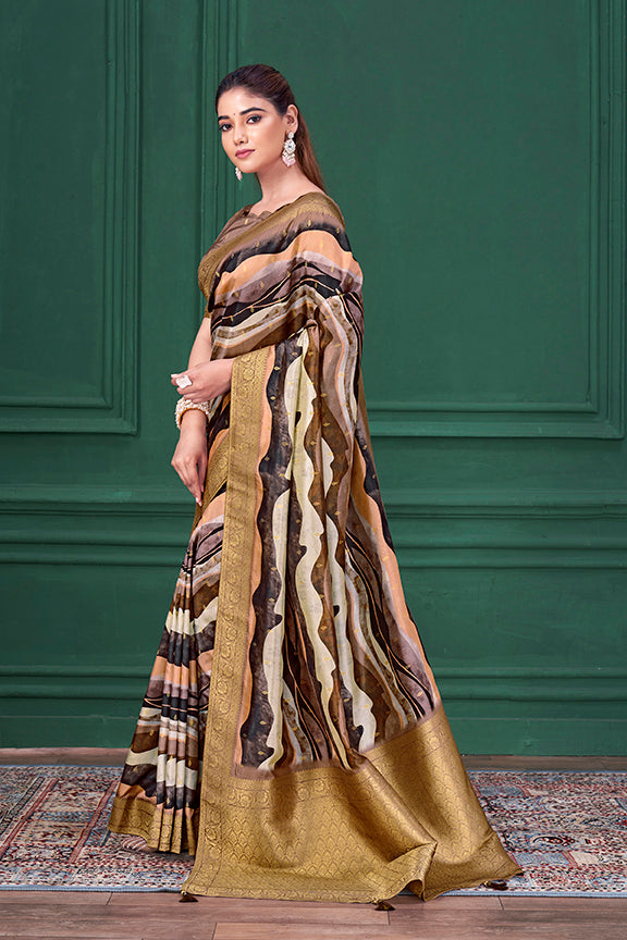 Lilac Purple Tussar Silk Jacquard Abstract Digital Print Saree