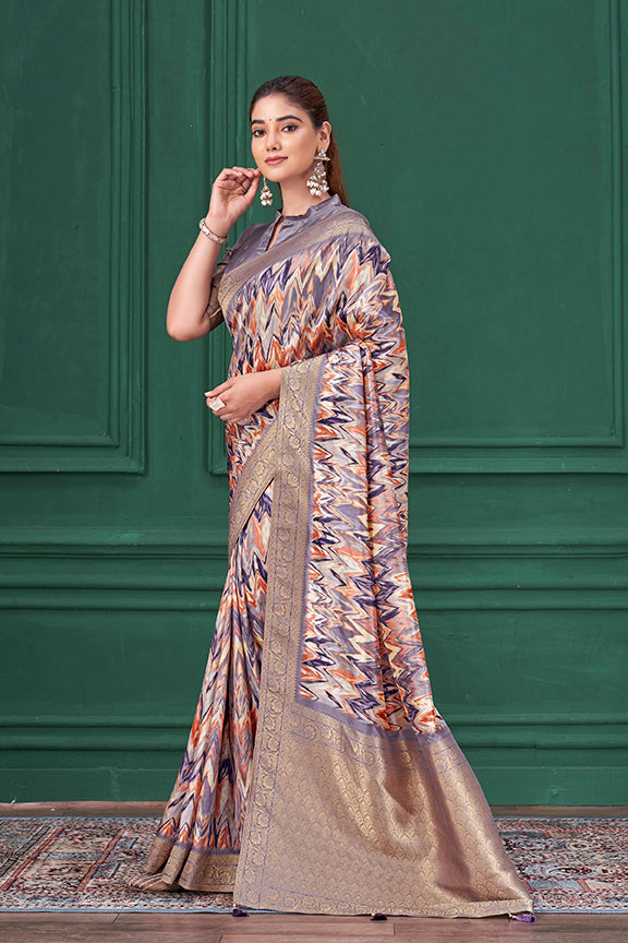 Purple Tussar Silk Jacquard Abstract Digital Print Saree