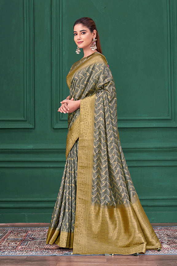 Grey Tussar Silk Jacquard Abstract Digital Print Saree