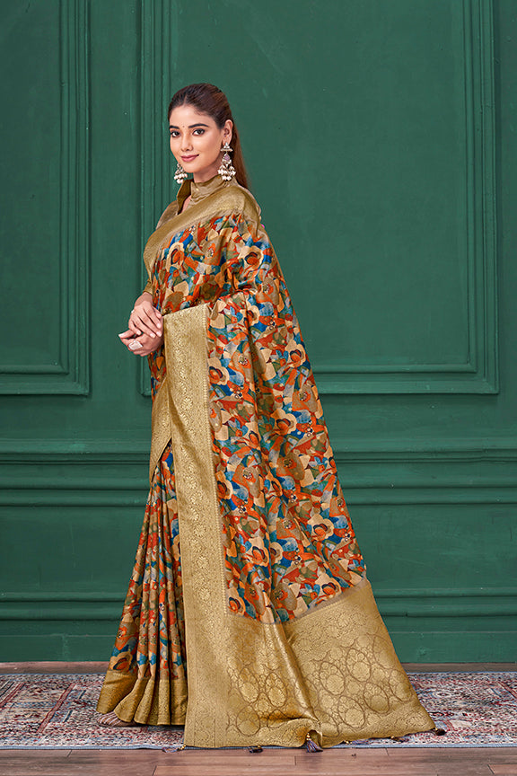 Chiku Tussar Silk Jacquard Abstract Digital Print Saree