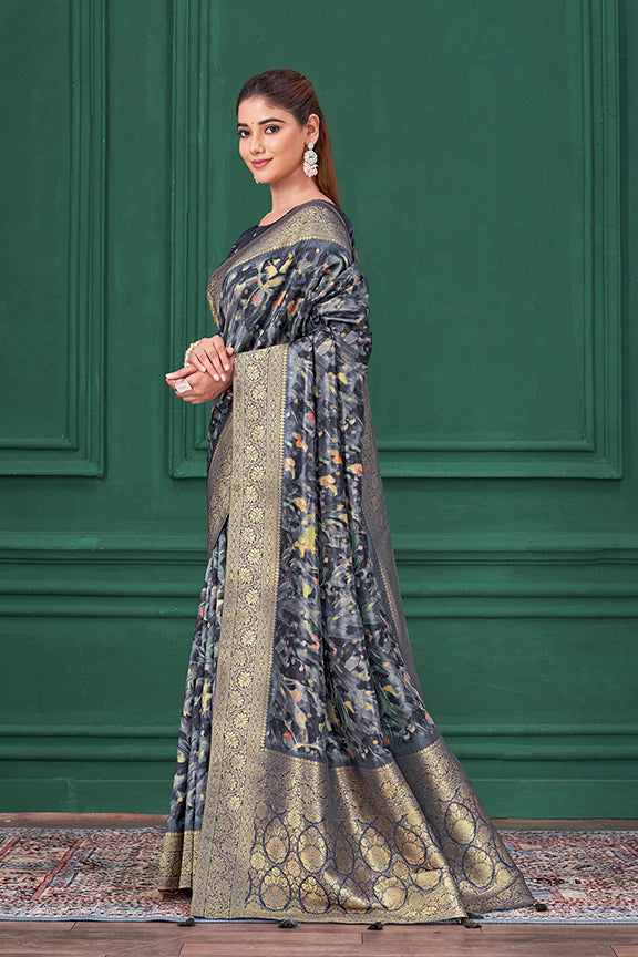 Blue Tussar Silk Jacquard Abstract Digital Print Saree