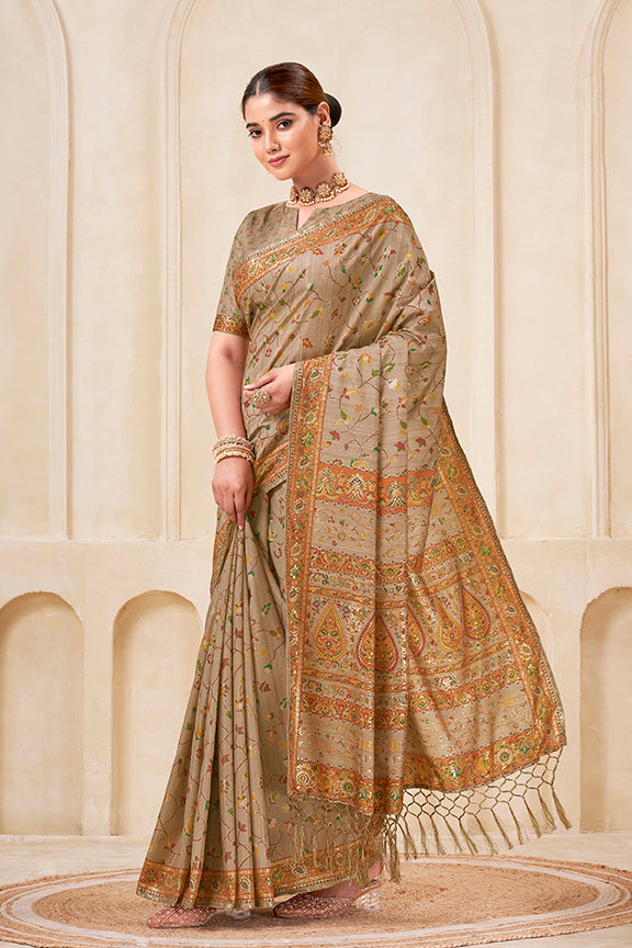 Yellow Poly Habotai Silk Flower Digital print with Foil Print Saree