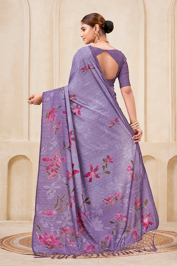 Purple Poly Habotai Silk Flower Digital print with Foil Print Saree