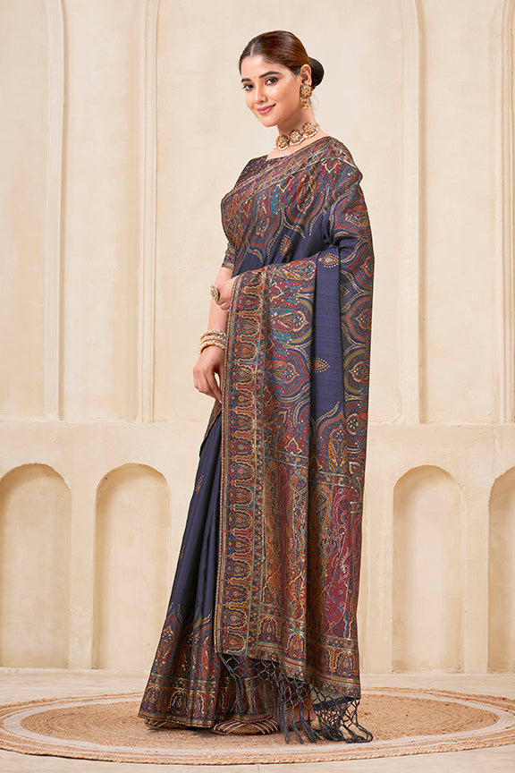 Blue Poly Kundan Traditional Digital print with Foil Print Saree