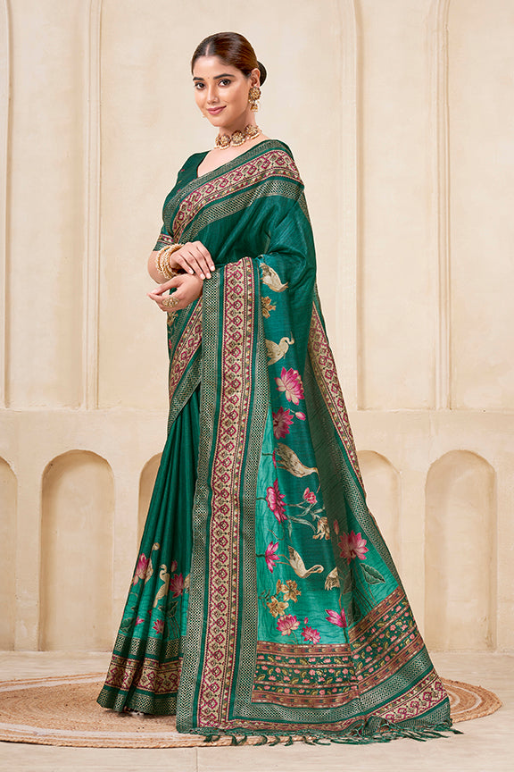 Green Sambalpuri silk Traditional Digital print with Foil Print Saree