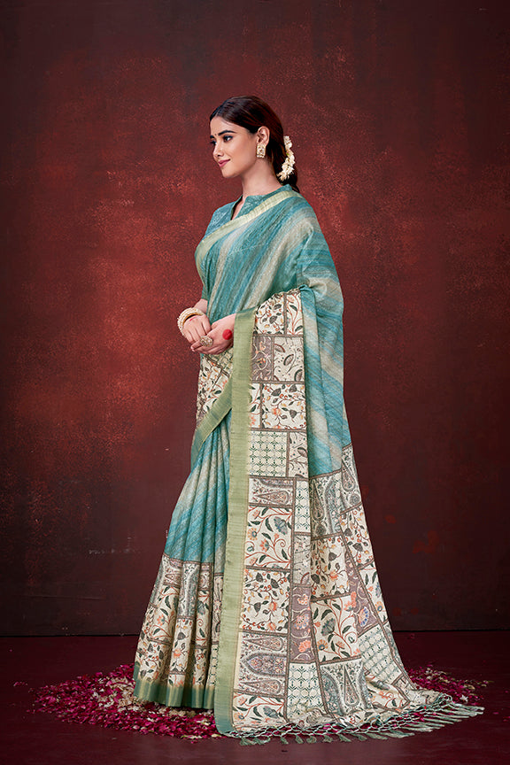 Sky Blue Spun silk Traditional Digital Print Saree