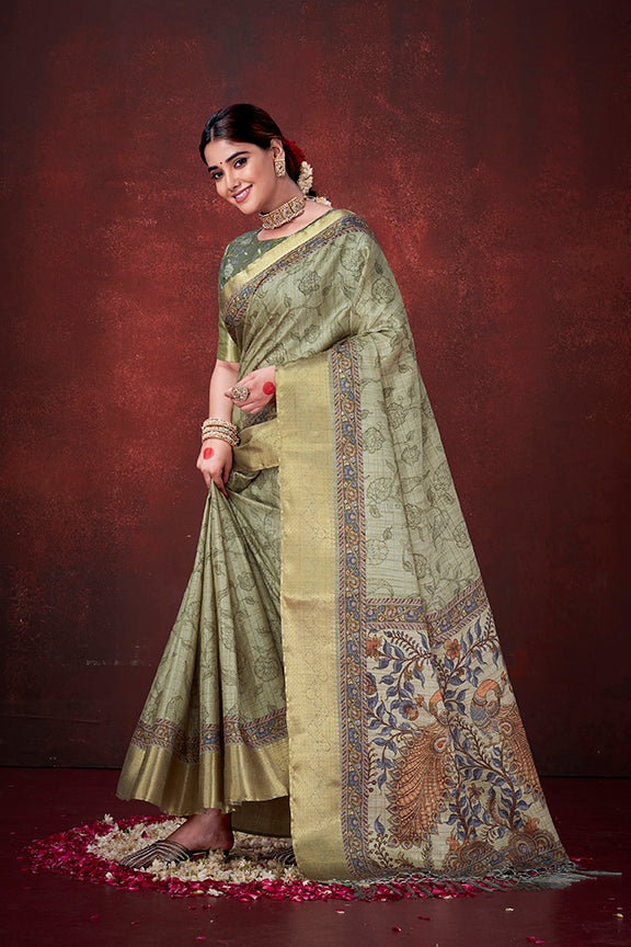 Pista Green Mulberry Jacquard silk Traditional Digital print Saree