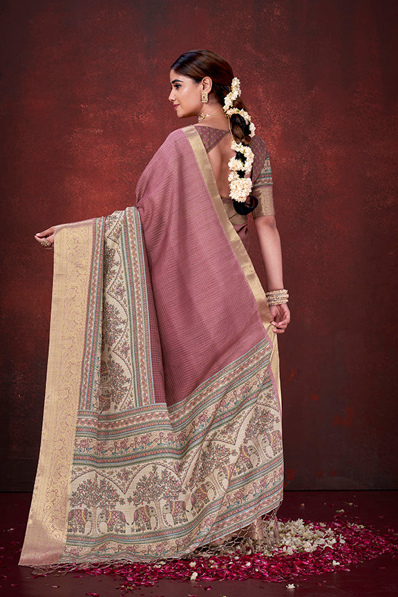 Pink Litchi Checks Silk Traditional Digital Print Saree