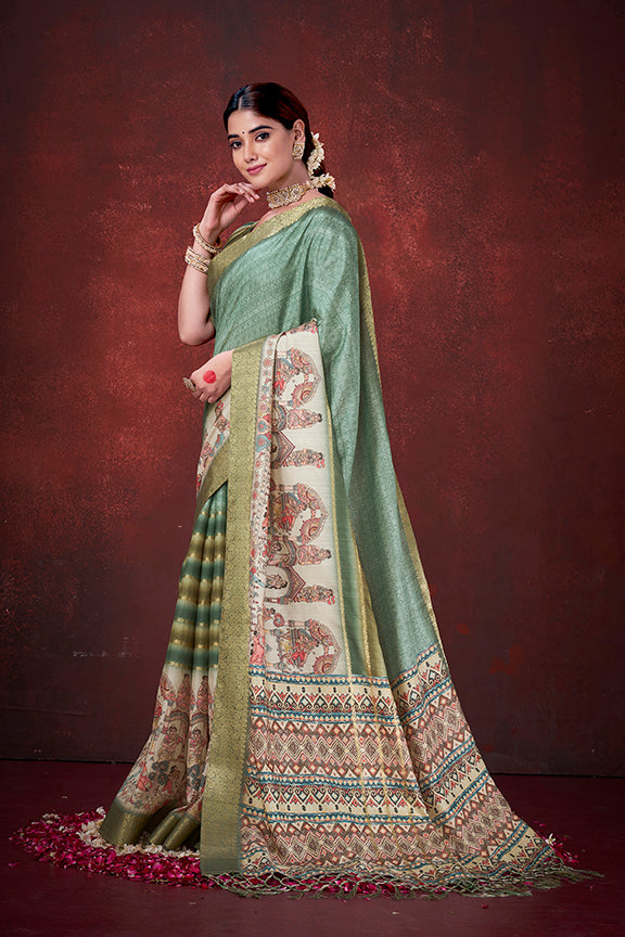 Green Muga Silk Traditional Digital Print Saree