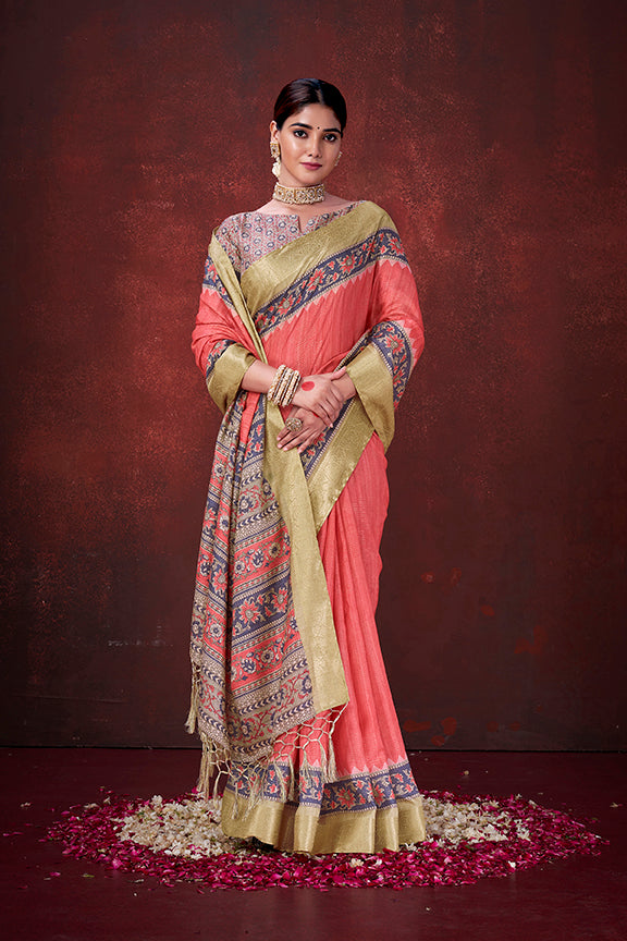 Red Kantha Zari Silk Traditional Digital print Saree