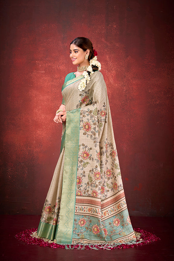 Cream Mulberry Jacquard Silk Traditional Print Saree