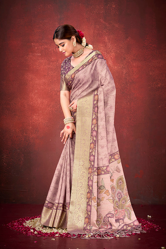 Blush Pink Cora Check silk Traditional Print Saree